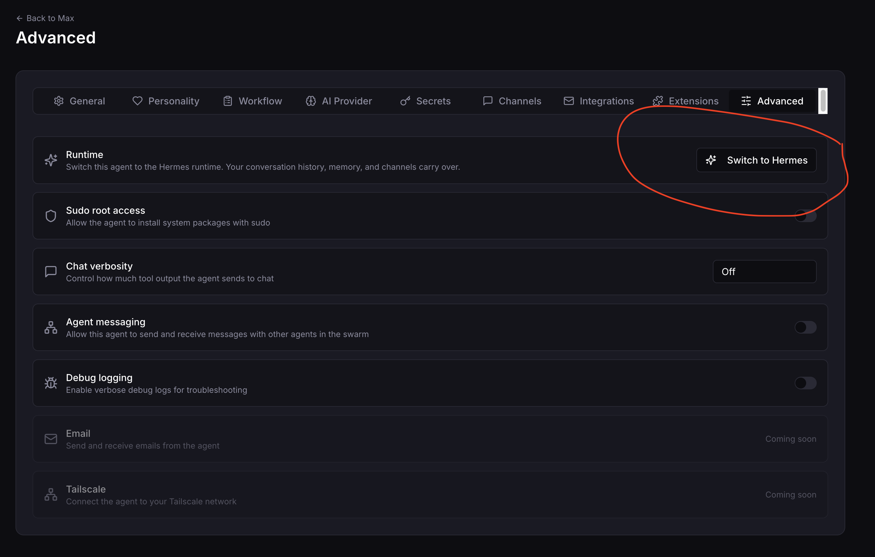 Find the Switch to Hermes button in Manage, Advanced
